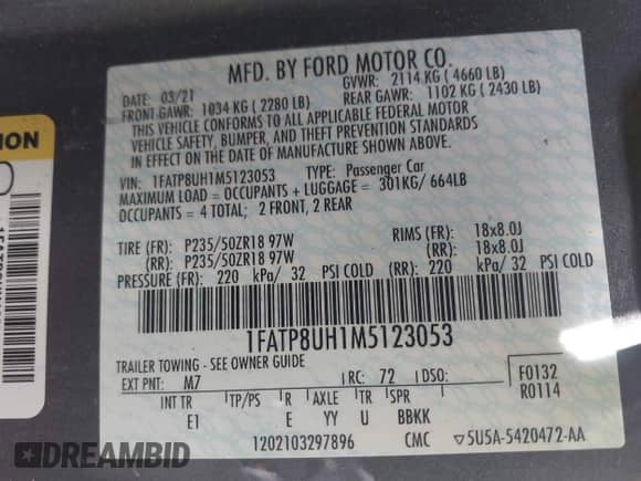 2021 Ford Mustang EcoBoost с VIN 1FATP8UH1M5123053, выставлен на аукционе IAAI как лот 42313559 с пробегом Не указан миль и . История ставок и продаж доступна на DreamBid. Изображение 9.