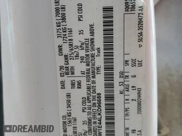 2020 Ford F-150 XL with VIN 1FTEW1E44LKD96688, listed as a Copart auction lot 87735625 with 97,274 mi miles and Salvage title. Bid and sale history available at DreamBid. Image 14.