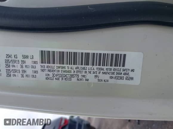 2012 Dodge Journey R/T with VIN 3C4PDDEGXCT285779, listed as a IAAI auction lot 43033700 with 162,707 mi miles and . Bid and sale history available at DreamBid. Image 9.
