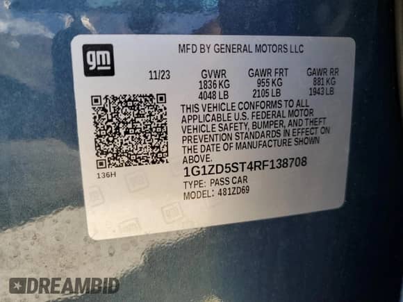 2024 Chevrolet Malibu LT с VIN 1G1ZD5ST4RF138708, выставлен на аукционе Copart как лот 69277155 с пробегом 18 879 миль миль и Списание • Salvage title. История ставок и продаж доступна на DreamBid. Изображение 13.