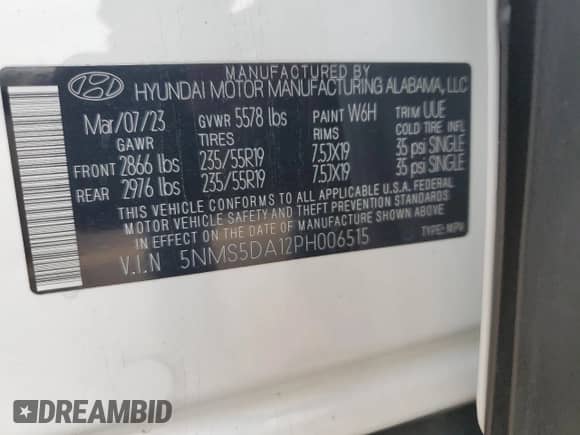 2023 Hyundai Santa Fe Limited z VIN 5NMS5DA12PH006515, wystawiony jako Copart lot #71558005 z przebiegiem 8 006 mil mil oraz Szkoda całkowita • Salvage title. Historia ofert i sprzedaży dostępna na DreamBid. Obrazek 13.