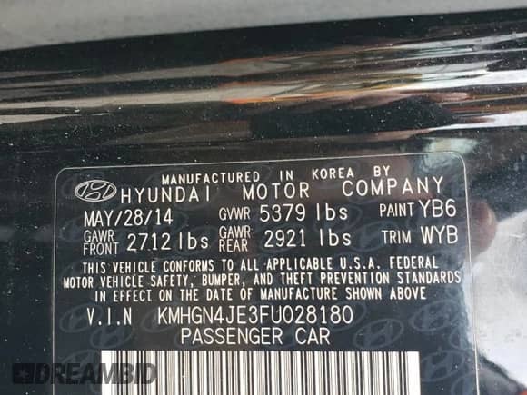 2015 Hyundai Genesis 3.8L z VIN KMHGN4JE3FU028180, wystawiony jako Copart lot #74803134 z przebiegiem Nie podano mil oraz Szkoda całkowita • Salvage title. Historia ofert i sprzedaży dostępna na DreamBid. Obrazek 13.