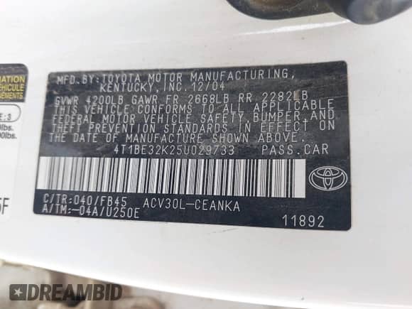 2005 Toyota Camry LE с VIN 4T1BE32K25U029733, выставлен на аукционе IAAI как лот 42763500 с пробегом 237 173 миль миль и . История ставок и продаж доступна на DreamBid. Изображение 9.
