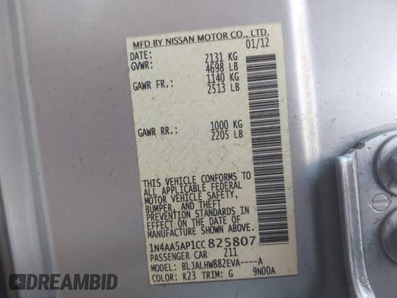 2012 Nissan Maxima S с VIN 1N4AA5AP1CC825807, выставлен на аукционе IAAI как лот 42745590 с пробегом Не указан миль и . История ставок и продаж доступна на DreamBid. Изображение 9.