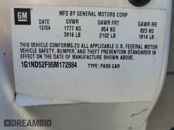 2005 Chevrolet Malibu Classic z VIN 1G1ND52F95M172884, wystawiony jako Copart lot #69200095 z przebiegiem 222 354 mil mil oraz Szkoda całkowita • Salvage title. Historia ofert i sprzedaży dostępna na DreamBid. Obrazek 12.