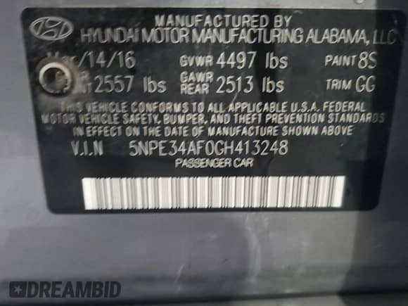 2016 Hyundai Sonata Sport with VIN 5NPE34AF0GH413248, listed as a Copart auction lot 80827325 with 106,546 mi miles and Salvage title. Bid and sale history available at DreamBid. Image 12.