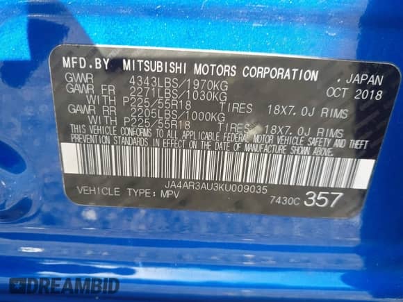 2019 Mitsubishi Outlander ES с VIN JA4AR3AU3KU009035, выставлен на аукционе IAAI как лот 43349739 с пробегом 167 889 миль миль и . История ставок и продаж доступна на DreamBid. Изображение 9.