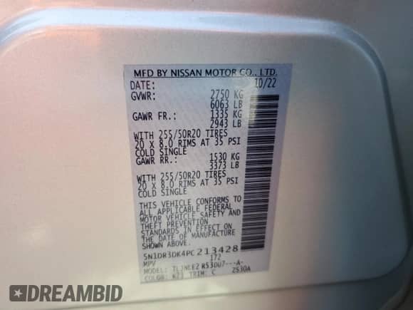 2023 Nissan Pathfinder Platinum with VIN 5N1DR3DK4PC213428, listed as a Copart auction lot 67786665 with 31,256 mi miles and Salvage title. Bid and sale history available at DreamBid. Image 13.