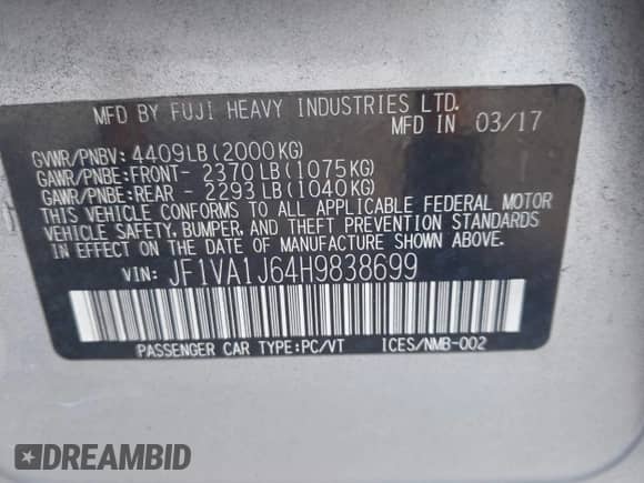 2017 Subaru WRX Limited with VIN JF1VA1J64H9838699, listed as a IAAI auction lot 43259054 with Not provided miles and . Bid and sale history available at DreamBid. Image 9.