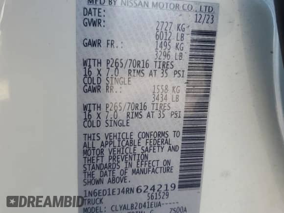 2024 Nissan Frontier SV with VIN 1N6ED1EJ4RN624219, listed as a Copart auction lot 69921125 with 31,583 mi miles and Salvage title. Bid and sale history available at DreamBid. Image 13.