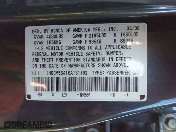 2006 Honda Accord LX with VIN 1HGCM56416A131192, listed as a IAAI auction lot 43493514 with 256,479 mi miles and . Bid and sale history available at DreamBid. Image 9.