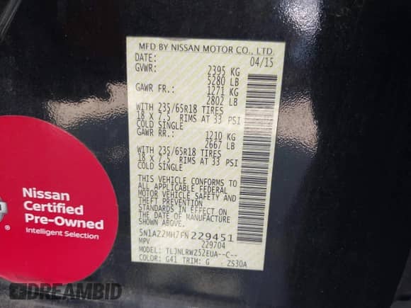 2015 Nissan Murano SL with VIN 5N1AZ2MH7FN229451, listed as a IAAI auction lot 43096474 with 98,983 mi miles and . Bid and sale history available at DreamBid. Image 9.