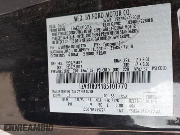 2008 Ford Mustang Deluxe with VIN 1ZVHT80N485101770, listed as a IAAI auction lot 43410711 with 179,905 mi miles and . Bid and sale history available at DreamBid. Image 9.
