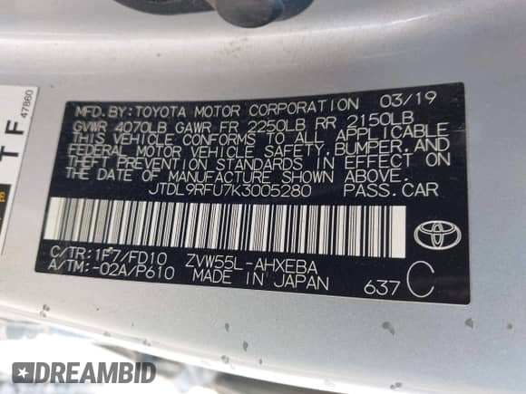 2019 Toyota Prius LE с VIN JTDL9RFU7K3005280, выставлен на аукционе IAAI как лот 42063785 с пробегом 275 530 миль миль и . История ставок и продаж доступна на DreamBid. Изображение 9.