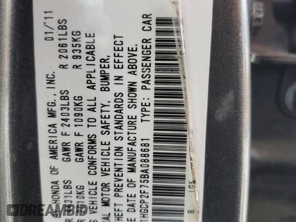 2011 Honda Accord EX with VIN 1HGCP2F75BA088681, listed as a Copart auction lot 71907285 with 187,078 mi miles and Non repairable. Bid and sale history available at DreamBid. Image 13.