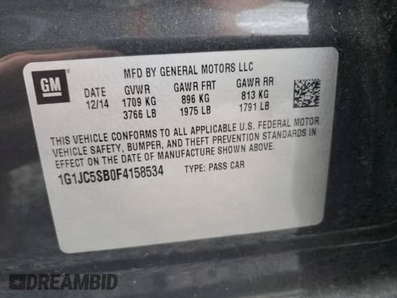 2015 Chevrolet Sonic LT z VIN 1G1JC5SB0F4158534, wystawiony jako Copart lot #54782885 z przebiegiem 129 182 mil mil oraz Szkoda całkowita • Salvage title. Historia ofert i sprzedaży dostępna na DreamBid. Obrazek 12.
