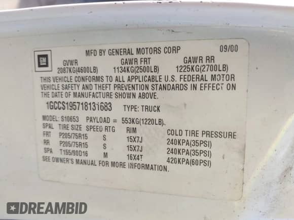 2001 Chevrolet S-10 LS Xtreme с VIN 1GCCS195718131683, выставлен на аукционе IAAI как лот 43299469 с пробегом 105 170 миль миль и . История ставок и продаж доступна на DreamBid. Изображение 9.