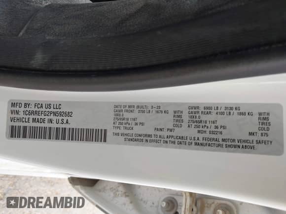 2023 Ram 1500 Big Horn z VIN 1C6RREFG2PN592682, wystawiony jako IAAI lot #42731258 z przebiegiem 83 058 mil mil oraz . Historia ofert i sprzedaży dostępna na DreamBid. Obrazek 9.