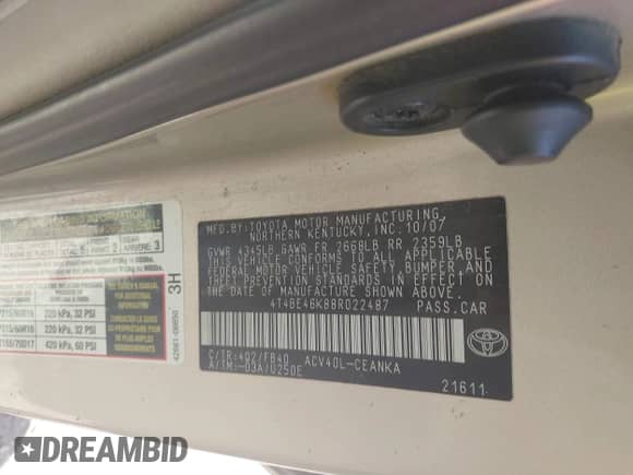 2008 Toyota Camry LE с VIN 4T4BE46K88R022487, выставлен на аукционе IAAI как лот 43253076 с пробегом 182 856 миль миль и . История ставок и продаж доступна на DreamBid. Изображение 9.