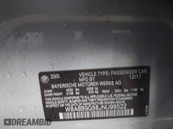 2018 BMW 3 Series 330i with VIN WBA8B9G56JNU99522, listed as a IAAI auction lot 43379327 with 89,600 mi miles and . Bid and sale history available at DreamBid. Image 9.
