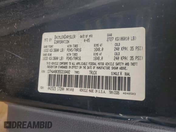 2005 Dodge Dakota SLT z VIN 1D7HW48K95S316402, wystawiony jako Copart lot #85960934 z przebiegiem 184 320 mil mil oraz Szkoda całkowita • Salvage title. Historia ofert i sprzedaży dostępna na DreamBid. Obrazek 12.