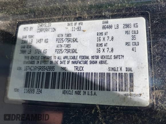 1994 Dodge 1500 z VIN 1B7HC16Y6RS542895, wystawiony jako IAAI lot #42686053 z przebiegiem 168 918 mil mil oraz . Historia ofert i sprzedaży dostępna na DreamBid. Obrazek 9.