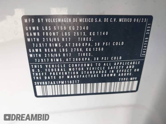 2023 Volkswagen Tiguan S с VIN 3VVRB7AX1PM118217, выставлен на аукционе IAAI как лот 43093705 с пробегом 45 542 миль миль и . История ставок и продаж доступна на DreamBid. Изображение 9.