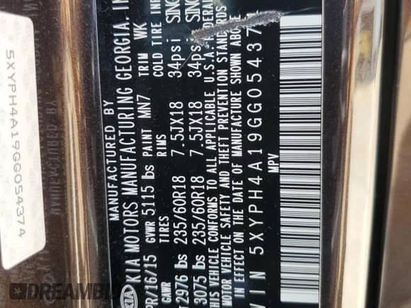 2016 Kia Sorento EX with VIN 5XYPH4A19GG054374, listed as a Copart auction lot 61099635 with 124,110 mi miles and Clean title. Bid and sale history available at DreamBid. Image 13.