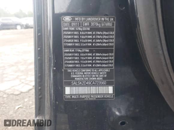 2012 Land Rover Range Rover Sport HSE Lux with VIN SALSK2D49CA723560, listed as a IAAI auction lot 43165053 with 136,361 mi miles and . Bid and sale history available at DreamBid. Image 9.