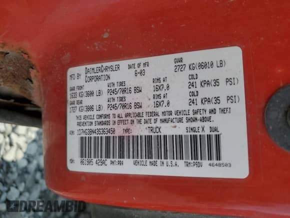 2003 Dodge Dakota Sport with VIN 1D7HG38N43S363450, listed as a Copart auction lot 68654675 with 223,509 mi miles and Salvage title. Bid and sale history available at DreamBid. Image 12.