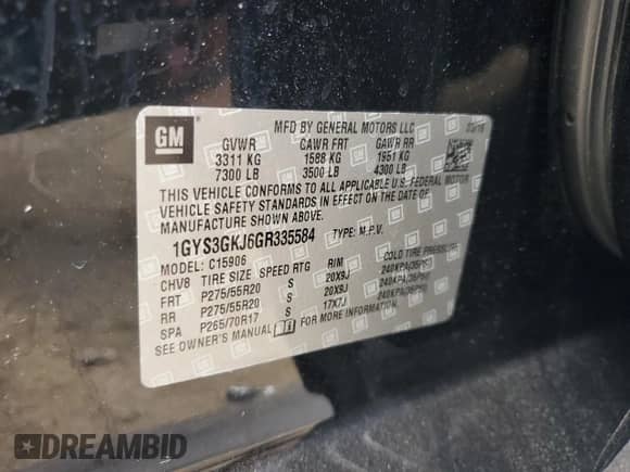 2016 Cadillac Escalade ESV z VIN 1GYS3GKJ6GR335584, wystawiony jako Copart lot #71994384 z przebiegiem Nie podano mil oraz Szkoda całkowita • Salvage title. Historia ofert i sprzedaży dostępna na DreamBid. Obrazek 13.