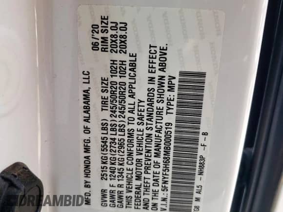 2021 Honda Pilot Touring 7-Passenger с VIN 5FNYF5H68MB000519, выставлен на аукционе Copart как лот 59237675 с пробегом 107 765 миль миль и Списание • Salvage title. История ставок и продаж доступна на DreamBid. Изображение 13.