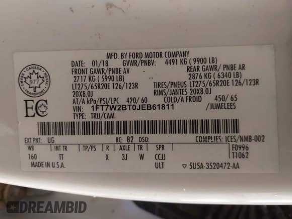 2018 Ford F-250 Platinum z VIN 1FT7W2BT0JEB61811, wystawiony jako IAAI lot #43591173 z przebiegiem 73 623 mil mil oraz . Historia ofert i sprzedaży dostępna na DreamBid. Obrazek 9.