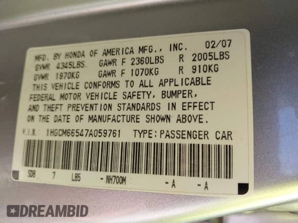 2007 Honda Accord EX-L with VIN 1HGCM66547A059761, listed as a IAAI auction lot 43512888 with 207,476 mi miles and . Bid and sale history available at DreamBid. Image 9.