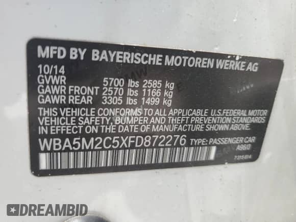 2015 BMW 5 Series 535i Gran Turismo с VIN WBA5M2C5XFD872276, выставлен на аукционе Copart как лот 58240285 с пробегом 92 079 миль миль и Списание • Salvage title. История ставок и продаж доступна на DreamBid. Изображение 12.