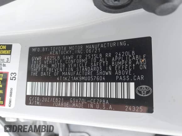 2021 Toyota Camry XSE with VIN 4T1KZ1AK9MU057604, listed as a IAAI auction lot 43073900 with 80,559 mi miles and . Bid and sale history available at DreamBid. Image 9.