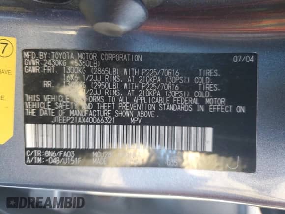 2004 Toyota Highlander с VIN JTEEP21AX40066321, выставлен на аукционе Copart как лот 82345125 с пробегом Не указан миль и Списание • Salvage title. История ставок и продаж доступна на DreamBid. Изображение 14.