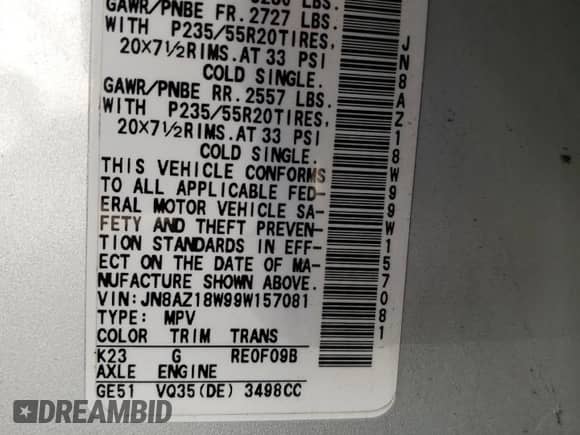 2009 Nissan Murano LE z VIN JN8AZ18W99W157081, wystawiony jako Copart lot #86690095 z przebiegiem 231 835 mil mil oraz Szkoda całkowita • Salvage title. Historia ofert i sprzedaży dostępna na DreamBid. Obrazek 12.