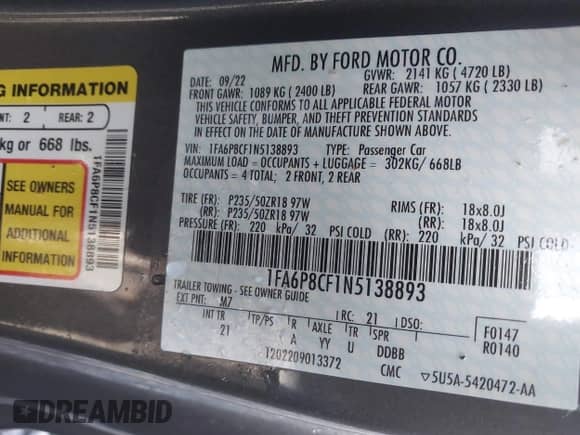 2022 Ford Mustang GT with VIN 1FA6P8CF1N5138893, listed as a IAAI auction lot 41815695 with Not provided miles and . Bid and sale history available at DreamBid. Image 9.