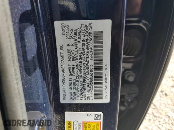 2020 Honda Accord EX-L z VIN 1HGCV2F51LA010615, wystawiony jako Copart lot #65036245 z przebiegiem 121 510 mil mil oraz Szkoda całkowita • Salvage title. Historia ofert i sprzedaży dostępna na DreamBid. Obrazek 12.