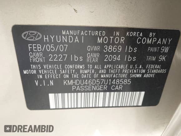 2007 Hyundai Elantra GLS z VIN KMHDU46D57U148585, wystawiony jako IAAI lot #42887115 z przebiegiem 235 674 mil mil oraz . Historia ofert i sprzedaży dostępna na DreamBid. Obrazek 9.