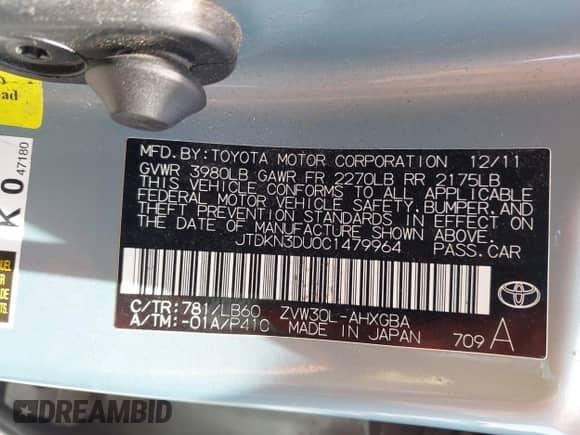 2012 Toyota Prius One with VIN JTDKN3DU0C1479964, listed as a IAAI auction lot 42265526 with 158,405 mi miles and . Bid and sale history available at DreamBid. Image 9.