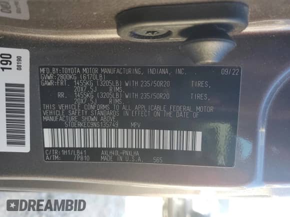 2022 Toyota Sienna Platinum с VIN 5TDERKEC9NS135749, выставлен на аукционе Copart как лот 67049785 с пробегом 51 097 миль миль и Списание • Salvage title. История ставок и продаж доступна на DreamBid. Изображение 13.