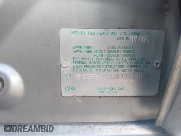 2006 Subaru Forester X with VIN JF1SG636X6H705475, listed as a IAAI auction lot 42991554 with 205,108 mi miles and . Bid and sale history available at DreamBid. Image 9.