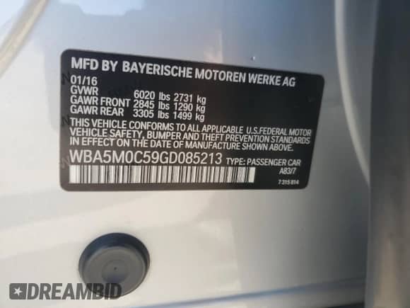 2016 BMW 5 Series 550i Gran Turismo xDrive with VIN WBA5M0C59GD085213, listed as a Copart auction lot 41483395 with 135,363 mi miles and Salvage title. Bid and sale history available at DreamBid. Image 12.