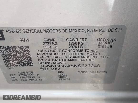 2019 Chevrolet Blazer with VIN 3GNKBBRA5KS673248, listed as a IAAI auction lot 42536237 with 77,086 mi miles and . Bid and sale history available at DreamBid. Image 9.