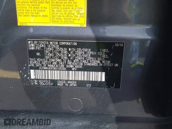 2011 Toyota RAV4 Sport with VIN JTMRK4DV3B5100386, listed as a IAAI auction lot 43237810 with 122,779 mi miles and . Bid and sale history available at DreamBid. Image 9.