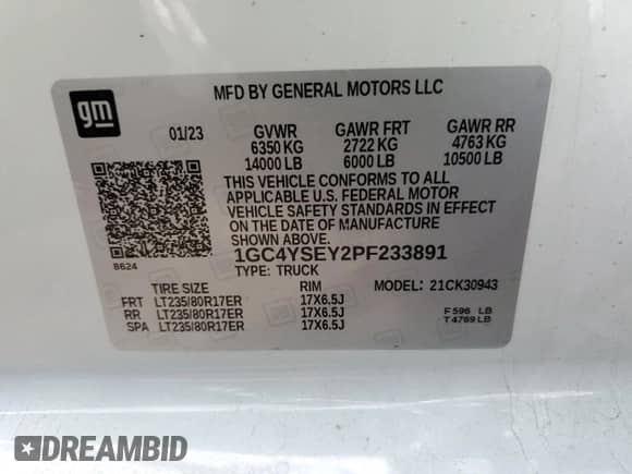2023 Chevrolet Silverado 3500HD Work Truck с VIN 1GC4YSEY2PF233891, выставлен на аукционе Copart как лот 59030785 с пробегом 70 693 миль миль и Списание • Salvage title. История ставок и продаж доступна на DreamBid. Изображение 13.