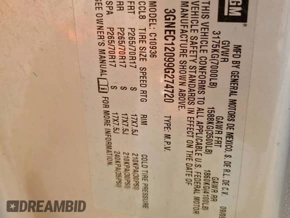 2009 Chevrolet Avalanche 3LT with VIN 3GNEC12099G274720, listed as a Copart auction lot 71748855 with 251,376 mi miles and Clean title. Bid and sale history available at DreamBid. Image 12.