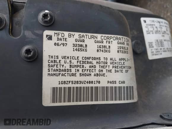 1997 Saturn SL с VIN 1G8ZF5283VZ400170, выставлен на аукционе IAAI как лот 41884490 с пробегом 171 635 миль миль и . История ставок и продаж доступна на DreamBid. Изображение 9.